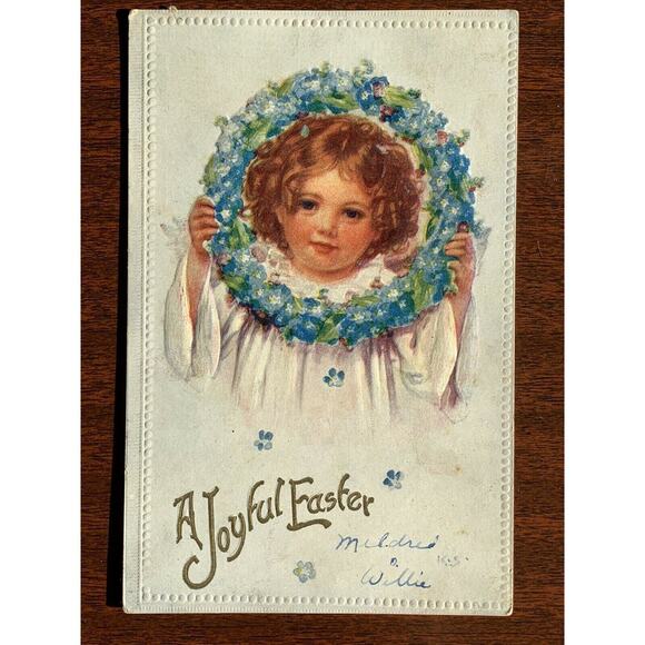 Antique 1910s Ephemera Easter Card Baby Angel Wreath Embossed Used But Unposted - Picture 2 of 3